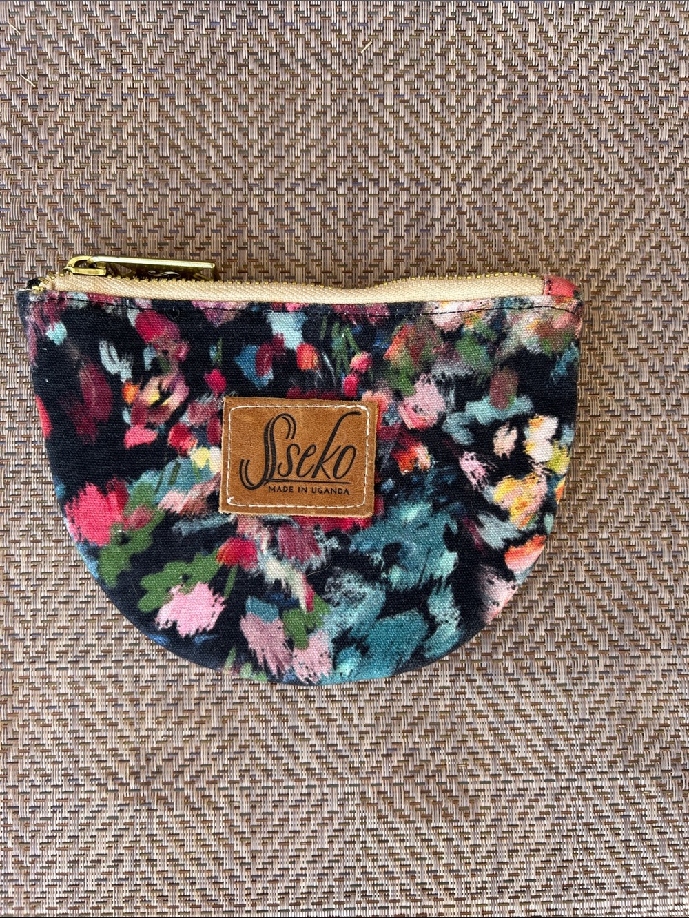 Sseko Black Floral Canvas Half-Moon Pouch with Gold Zipper